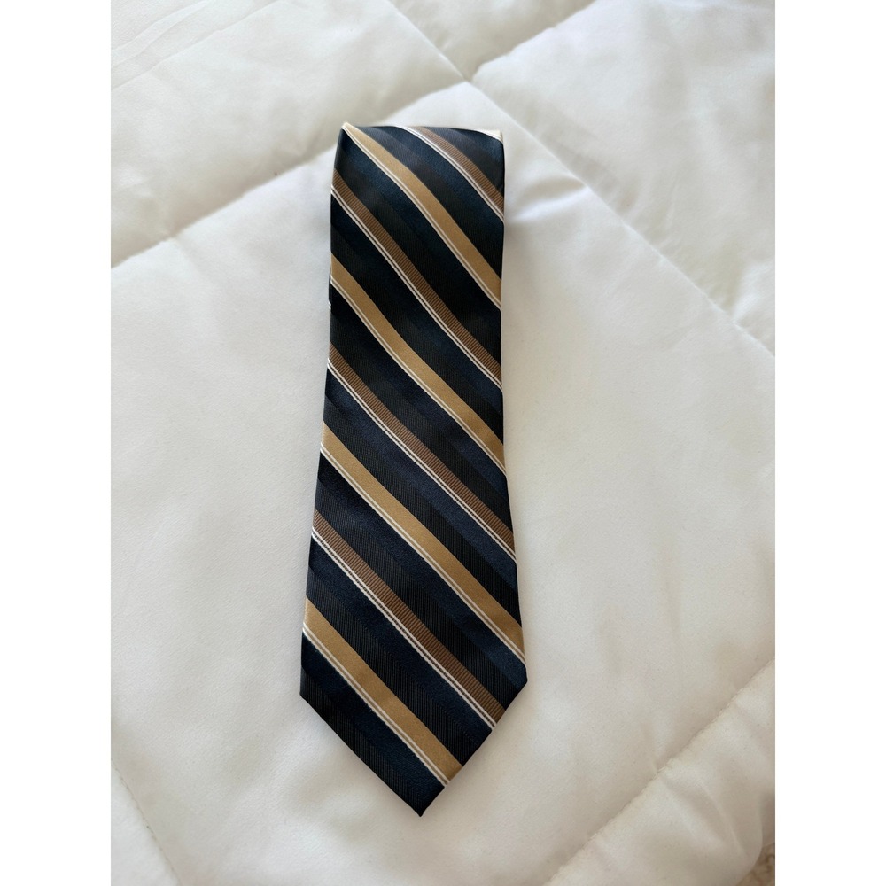 Croft & Barrow Mens Silk Necktie Navy Blue Gold Tan White Diagonal Striped Tie